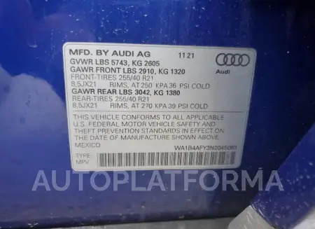 AUDI SQ5 PREMIU 2022 vin WA1B4AFY3N2045083 from auto auction Copart