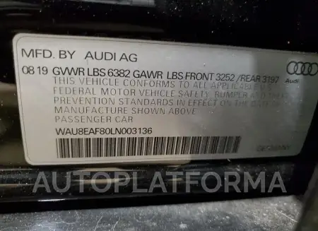 AUDI A8 L 2020 vin WAU8EAF80LN003136 from auto auction Copart