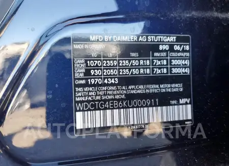 MERCEDES-BENZ GLA 250 2019 vin WDCTG4EB6KU000911 from auto auction Copart