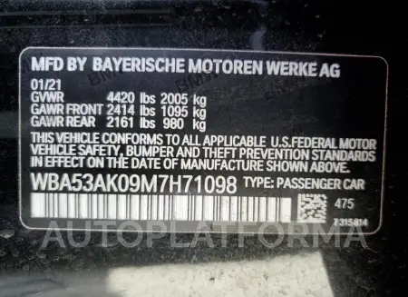 BMW 228I 2021 vin WBA53AK09M7H71098 from auto auction Copart