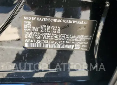 BMW 750 XI 2020 vin WBA7U2C0XLGM26765 from auto auction Copart