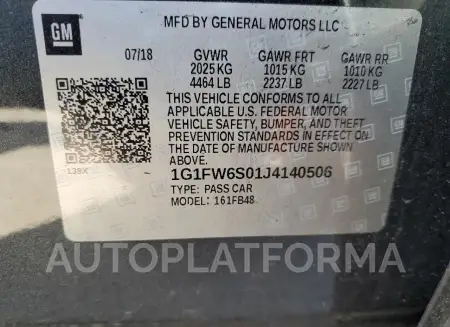 CHEVROLET BOLT EV LT 2018 vin 1G1FW6S01J4140506 from auto auction Copart