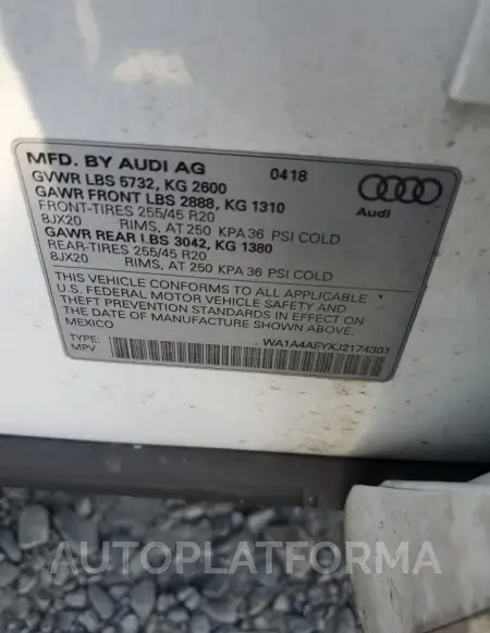 AUDI SQ5 PREMIU 2018 vin WA1A4AFYXJ2174301 from auto auction Copart