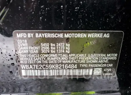 BMW 740 I 2019 vin WBA7E2C59KB216484 from auto auction Copart