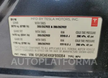 TESLA MODEL X 2016 vin 5YJXCAE4XGFS00354 from auto auction Copart