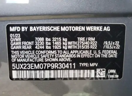 BMW X7 XDRIVE4 2023 vin 5UX23EM07P9R30411 from auto auction Copart