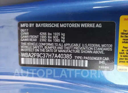 BMW 230I 2017 vin WBA2F9C37H7A40385 from auto auction Copart