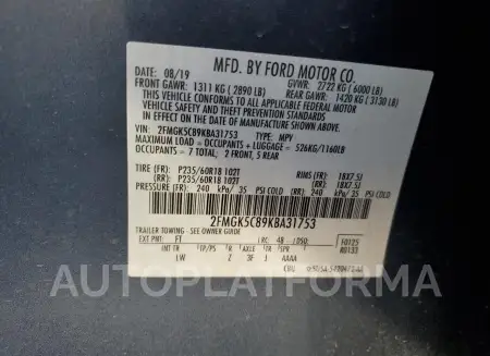 FORD FLEX SEL 2019 vin 2FMGK5C89KBA31753 from auto auction Copart