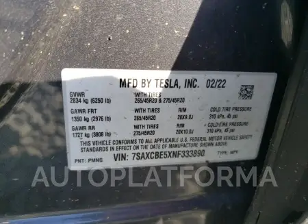 TESLA MODEL X 2022 vin 7SAXCBE5XNF333890 from auto auction Copart