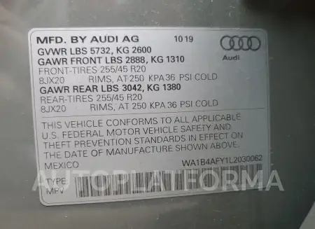 AUDI SQ5 PREMIU 2020 vin WA1B4AFY1L2030062 from auto auction Copart