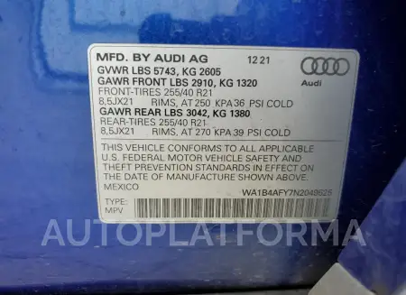 AUDI SQ5 PREMIU 2022 vin WA1B4AFY7N2049525 from auto auction Copart