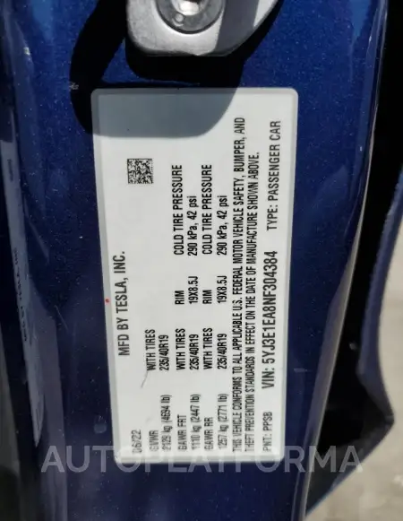 TESLA MODEL 3 2022 vin 5YJ3E1EA8NF304384 from auto auction Copart