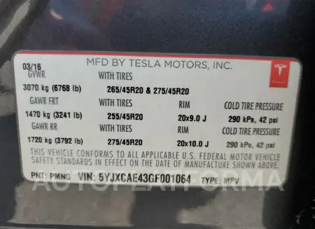 TESLA MODEL X 2016 vin 5YJXCAE43GF001064 from auto auction Copart