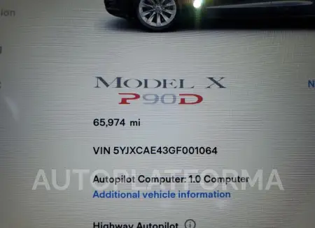 TESLA MODEL X 2016 vin 5YJXCAE43GF001064 from auto auction Copart