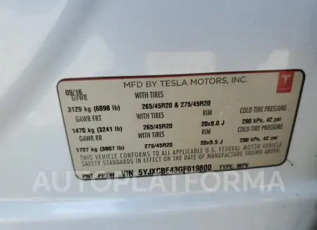 TESLA MODEL X 2016 vin 5YJXCBE43GF019800 from auto auction Copart