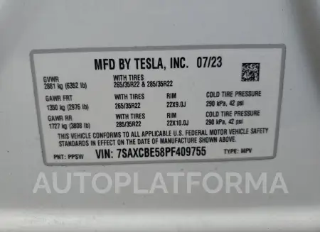 TESLA MODEL X 2023 vin 7SAXCBE58PF409755 from auto auction Copart