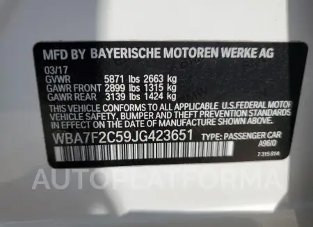 BMW 750 XI 2018 vin WBA7F2C59JG423651 from auto auction Copart