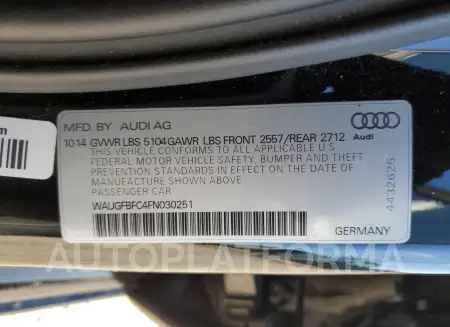 AUDI A6 PREMIUM 2015 vin WAUGFBFC4FN030251 from auto auction Copart