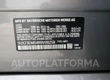 BMW X7 XDRIVE4 2024 vin 5UX23EM04R9V08258 from auto auction Copart