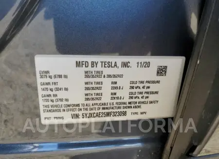 TESLA MODEL X 2021 vin 5YJXCAE25MF323098 from auto auction Copart