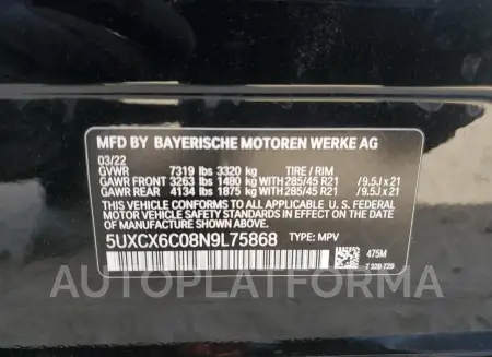 BMW X7 M50I 2022 vin 5UXCX6C08N9L75868 from auto auction Copart