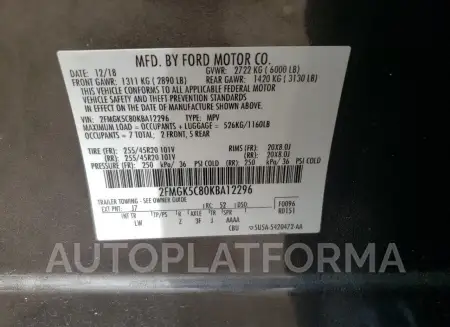 FORD FLEX SEL 2019 vin 2FMGK5C80KBA12296 from auto auction Copart