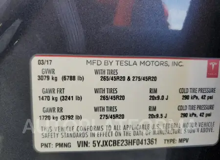 TESLA MODEL X 2017 vin 5YJXCBE23HF041361 from auto auction Copart