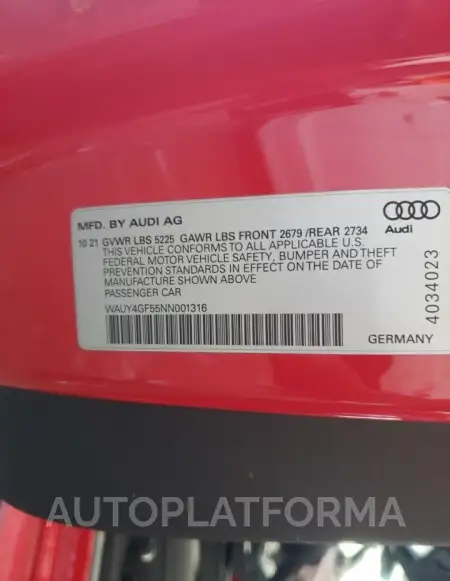 AUDI S5 PRESTIG 2022 vin WAUY4GF55NN001316 from auto auction Copart