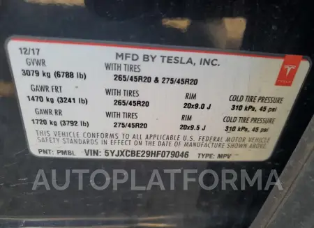 TESLA MODEL X 2017 vin 5YJXCBE29HF079046 from auto auction Copart