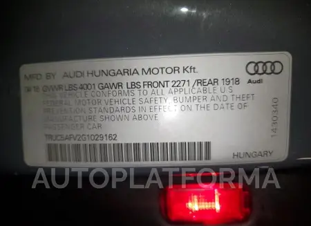 AUDI TT 2016 vin TRUC5AFV2G1029162 from auto auction Copart