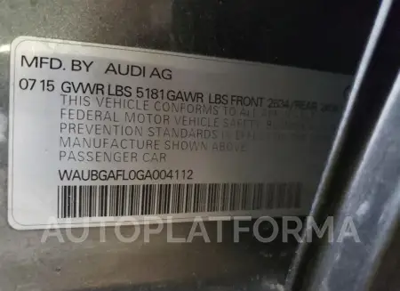 AUDI S4 PREMIUM 2016 vin WAUBGAFL0GA004112 from auto auction Copart