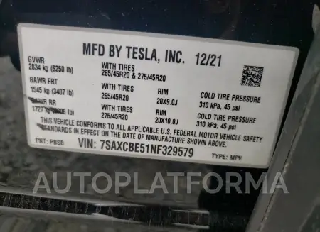 TESLA MODEL X 2022 vin 7SAXCBE51NF329579 from auto auction Copart