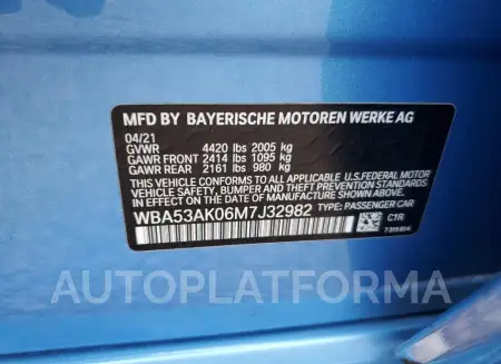 BMW 228I 2021 vin WBA53AK06M7J32982 from auto auction Copart