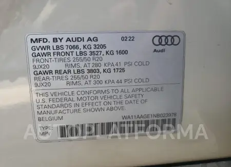 AUDI E-TRON SPO 2022 vin WA11AAGE1NB023978 from auto auction Copart