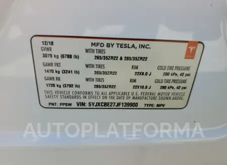 TESLA MODEL X 2018 vin 5YJXCBE27JF139900 from auto auction Copart