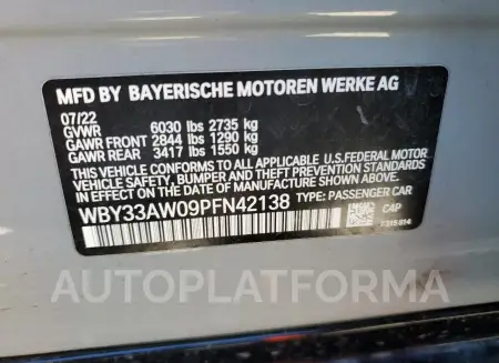 BMW I4 M50 2023 vin WBY33AW09PFN42138 from auto auction Copart