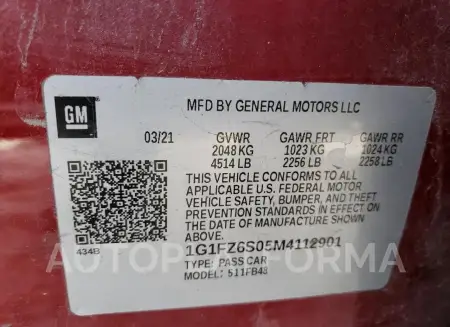 CHEVROLET BOLT EV PR 2021 vin 1G1FZ6S05M4112901 from auto auction Copart