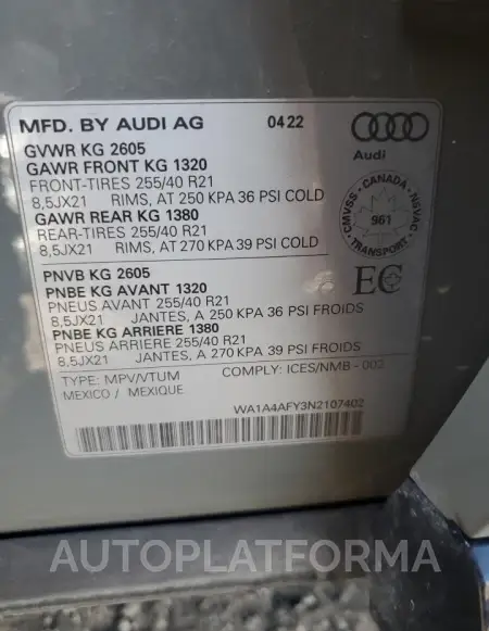 AUDI SQ5 PREMIU 2022 vin WA1A4AFY3N2107402 from auto auction Copart