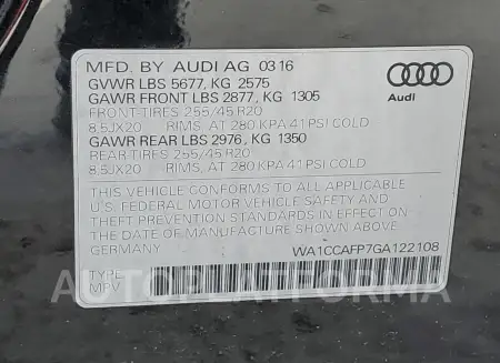 AUDI SQ5 PREMIU 2016 vin WA1CCAFP7GA122108 from auto auction Copart