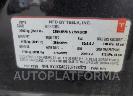 TESLA MODEL X 2018 vin 5YJXCAE27JF128373 from auto auction Copart