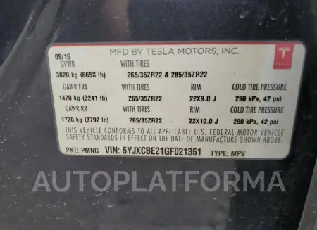 TESLA MODEL X 2016 vin 5YJXCBE21GF021351 from auto auction Copart