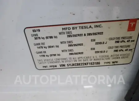 TESLA MODEL X 2019 vin 5YJXCBE22KF153186 from auto auction Copart