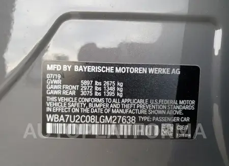 BMW 750 XI 2020 vin WBA7U2C08LGM27638 from auto auction Copart