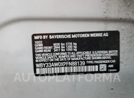 BMW I4 M50 2023 vin WBY33AW0XPFN88139 from auto auction Copart