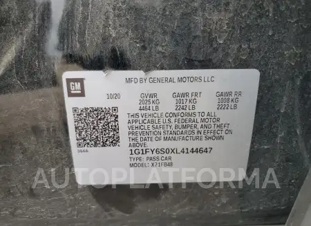 CHEVROLET BOLT EV LT 2020 vin 1G1FY6S0XL4144647 from auto auction Copart