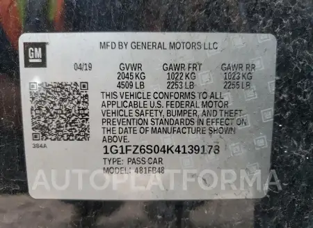 CHEVROLET BOLT EV PR 2019 vin 1G1FZ6S04K4139178 from auto auction Copart