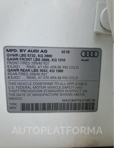 AUDI SQ5 PRESTI 2018 vin WA1C4AFY3J2145179 from auto auction Copart