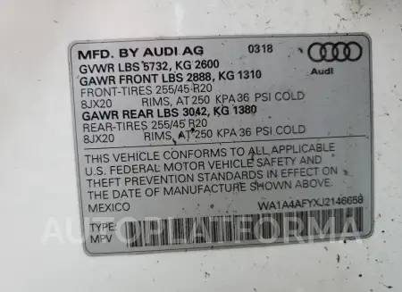 AUDI SQ5 PREMIU 2018 vin WA1A4AFYXJ2146658 from auto auction Copart