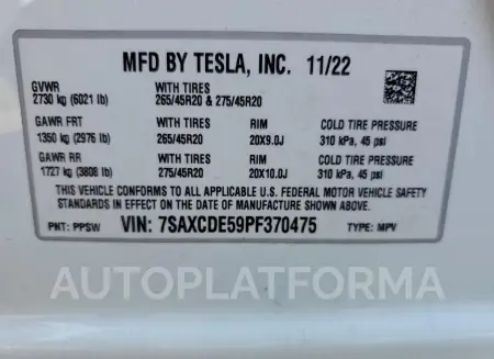 TESLA MODEL X 2023 vin 7SAXCDE59PF370475 from auto auction Copart