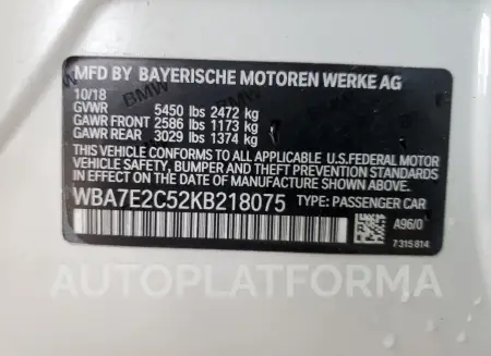 BMW 740 I 2019 vin WBA7E2C52KB218075 from auto auction Copart